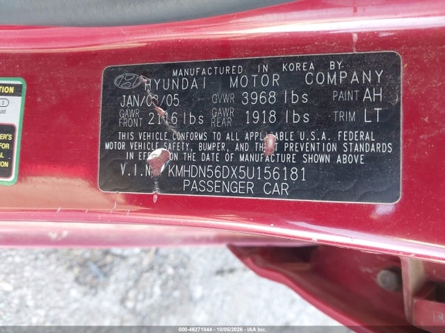 2005 Hyundai Elantra Gls/gt მანქანა იყიდება აუქციონზე, vin: KMHDN56DX5U156181, აუქციონის ნომერი: 46271844