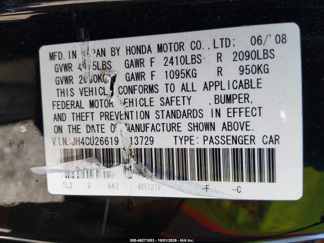 Продажа на аукционе авто 2009 Acura Tsx, vin: JH4CU26619C013729, номер лота: 46271853