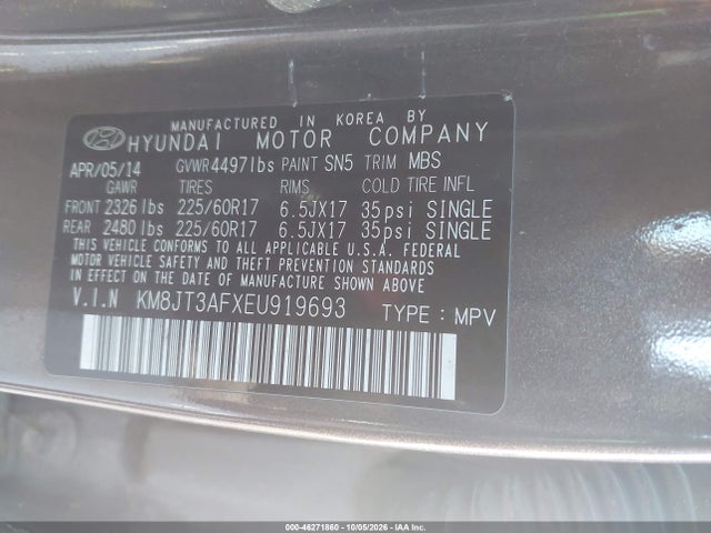 Продажа на аукционе авто 2014 Hyundai Tucson Gls, vin: KM8JT3AFXEU919693, номер лота: 46271860