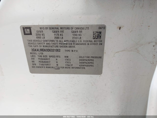 46271862 :رقم المزاد ، 2GKALMEK0D6331062 vin ، 2013 Gmc Terrain Sle-1 مزاد بيع