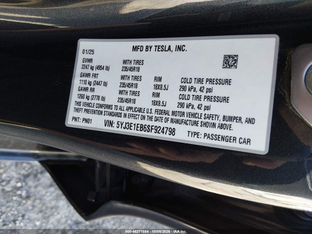 46271884 :رقم المزاد ، 5YJ3E1EB6SF924798 vin ، 2025 Tesla Model 3 Long Range All-wheel Drive مزاد بيع