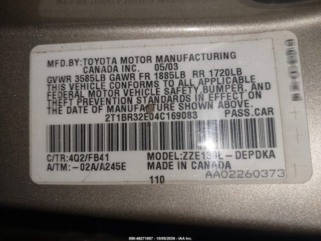 Продажа на аукционе авто 2004 Toyota Corolla Ce, vin: 2T1BR32E04C169083, номер лота: 46271897