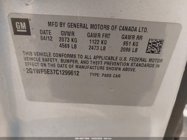 46271909 :رقم المزاد ، 2G1WF5E37C1299612 vin ، 2012 Chevrolet Impala Ls مزاد بيع