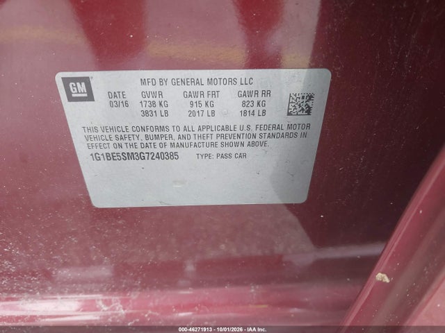 Aukcja sprzedaży 2016 Chevrolet Cruze Lt Auto, vin: 1G1BE5SM3G7240385, numer aukcji: 46271913
