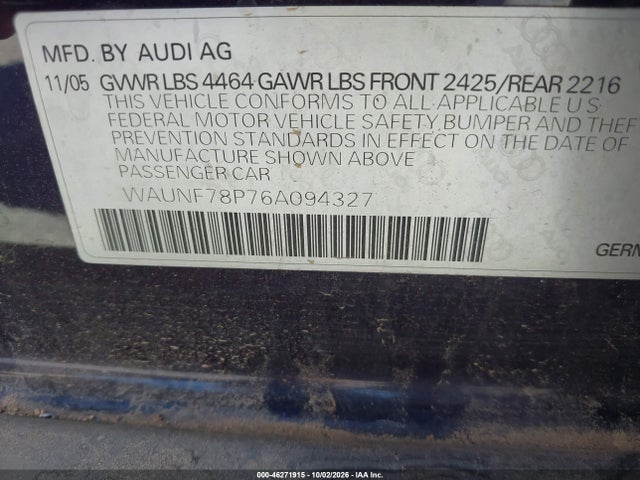 2006 Audi A3 2.0t მანქანა იყიდება აუქციონზე, vin: WAUNF78P76A094327, აუქციონის ნომერი: 46271915