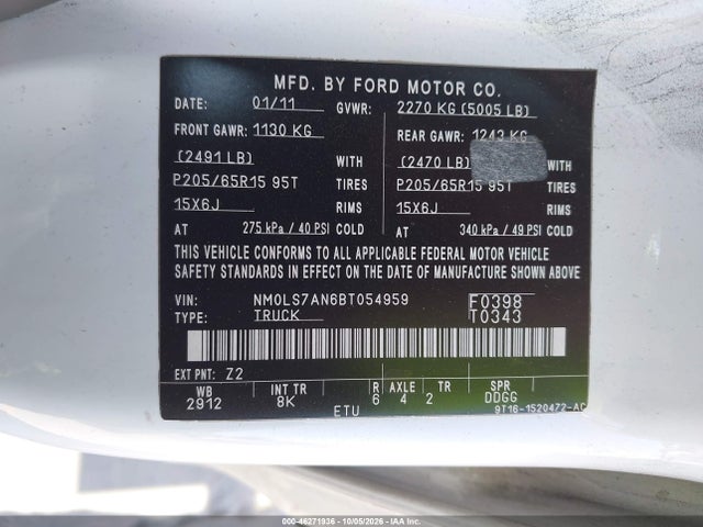 2011 Ford Transit Connect Xl მანქანა იყიდება აუქციონზე, vin: NM0LS7AN6BT054959, აუქციონის ნომერი: 46271936
