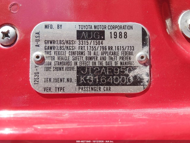 Aukcja sprzedaży 1989 Toyota Corolla Sr5, vin: JT2AE95C7K3164000, numer aukcji: 46271949