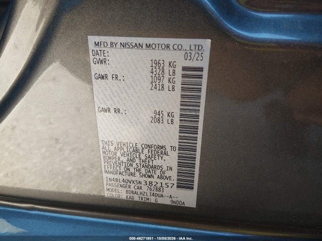 2025 Nissan Altima Sv Fwd მანქანა იყიდება აუქციონზე, vin: 1N4BL4DVXSN382157, აუქციონის ნომერი: 46271951