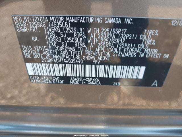 Продажа на аукционе авто 2010 Toyota Rav4, vin: 2T3BF4DV1AW035440, номер лота: 46271962