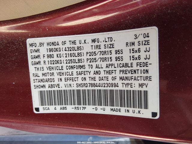 Продажа на аукционе авто 2004 Honda Cr-v Ex, vin: SHSRD78844U230994, номер лота: 46272002