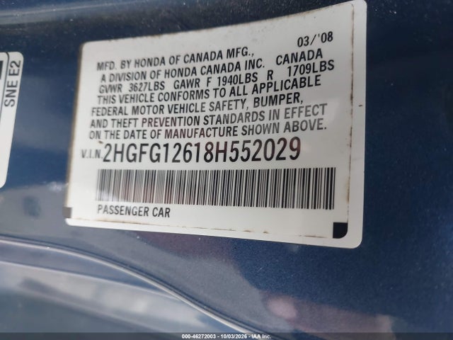 Продаж на аукціоні авто 2008 Honda Civic Lx, vin: 2HGFG12618H552029, номер лоту: 46272003