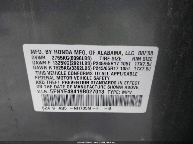 Aukcja sprzedaży 2009 Honda Pilot Ex, vin: 5FNYF48419B027013, numer aukcji: 46272007