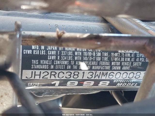46272019 :رقم المزاد ، JH2RC3813WM600081 vin ، 1998 Honda Cb750 مزاد بيع