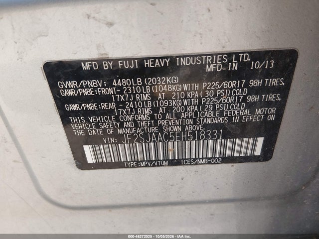 Продажа на аукционе авто 2014 Subaru Forester 2.5i, vin: JF2SJAAC5EH518331, номер лота: 46272025