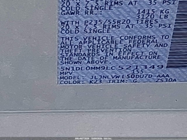 46272026 :رقم المزاد ، 5N1DL0MM9LC521349 vin ، 2020 Infiniti Qx60 Luxe Awd مزاد بيع