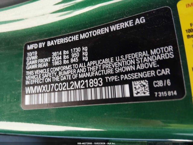 Aukcja sprzedaży 2020 Mini Hardtop Cooper, vin: WMWXU7C02L2M21893, numer aukcji: 46272050