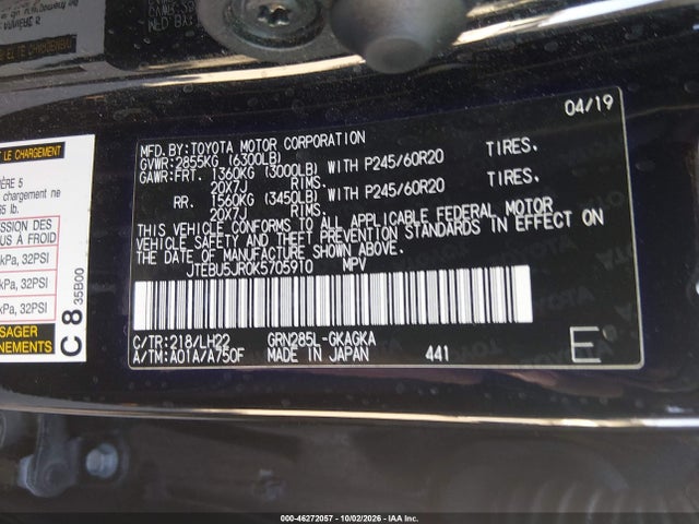 JTEBU5JR0K5705910 Toyota 4runner Limited Nightshade