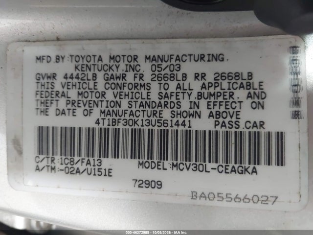 Продаж на аукціоні авто 2003 Toyota Camry Le/xle/se, vin: 4T1BF30K13U561441, номер лоту: 46272089