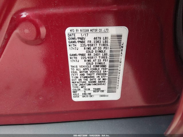 Продажа на аукционе авто 2017 Nissan Rogue S, vin: JN8AT2MV1HW266542, номер лота: 46272099