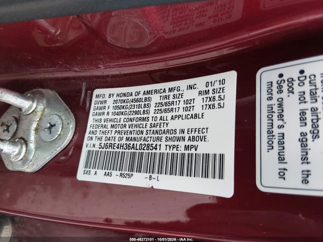 Продажа на аукционе авто 2010 Honda Cr-v Lx, vin: 5J6RE4H36AL028541, номер лота: 46272101