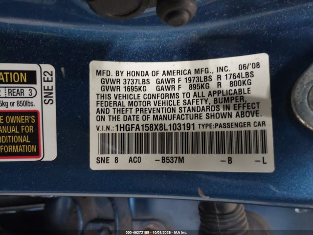 Продажа на аукционе авто 2008 Honda Civic Ex, vin: 1HGFA158X8L103191, номер лота: 46272159