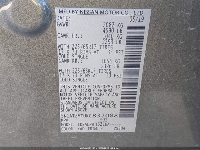 46272163 :رقم المزاد ، 5N1AT2MT0KC832088 vin ، 2019 Nissan Rogue S مزاد بيع