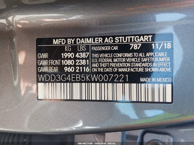 46272169 :رقم المزاد ، WDD3G4EB5KW007221 vin ، 2019 Mercedes-benz A 220 مزاد بيع