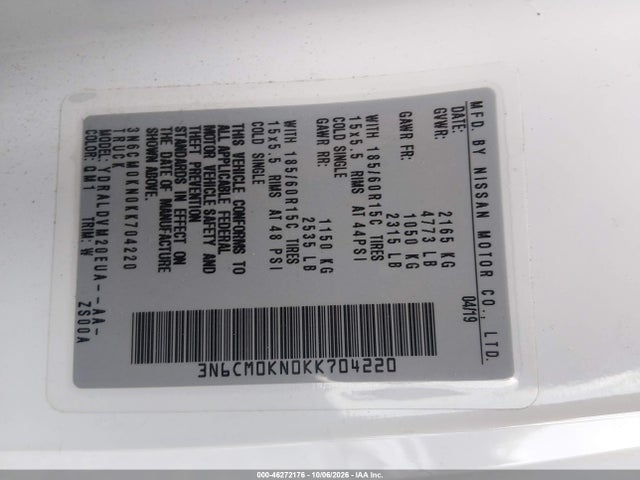 Aukcja sprzedaży 2019 Nissan Nv200 S, vin: 3N6CM0KN0KK704220, numer aukcji: 46272176