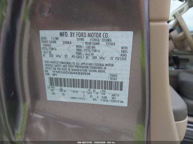 Продаж на аукціоні авто 2010 Ford Escape Xlt, vin: 1FMCU0DG5AKB20936, номер лоту: 46272193