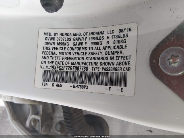46272206 :رقم المزاد ، 19XFC2F72GE087788 vin ، 2016 Honda Civic Ex مزاد بيع
