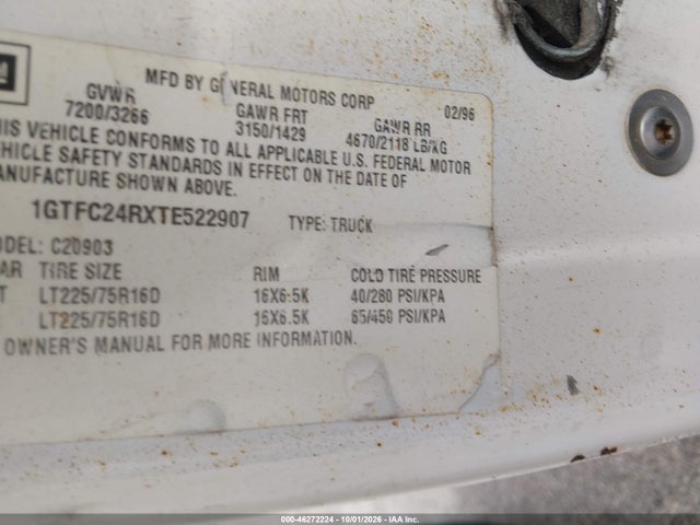 Aukcja sprzedaży 1996 Gmc Sierra C2500, vin: 1GTFC24RXTE522907, numer aukcji: 46272224