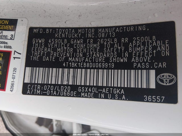 46272252 :رقم المزاد ، 4T1BK1EB8DU069919 vin ، 2013 Toyota Avalon Xle مزاد بيع