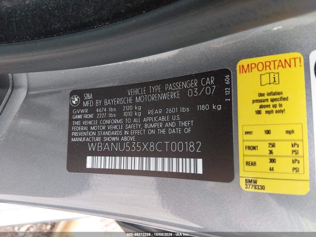 Продаж на аукціоні авто 2008 Bmw 528i, vin: WBANU535X8CT00182, номер лоту: 46272259