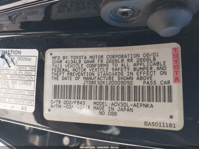 Aukcja sprzedaży 2002 Toyota Camry Le, vin: JTDBE32K120009092, numer aukcji: 46272268