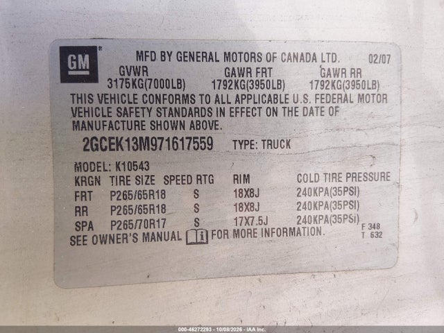 Aukcja sprzedaży 2007 Chevrolet Silverado 1500 Lt1, vin: 2GCEK13M971617559, numer aukcji: 46272293