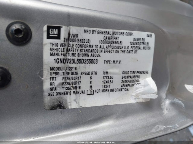 Aukcja sprzedaży 2005 Chevrolet Uplander Ls, vin: 1GNDV23L65D265503, numer aukcji: 46272294