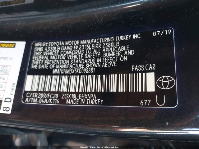 Aukcja sprzedaży 2019 Toyota C-hr Le, vin: NMTKHMBX5KR098881, numer aukcji: 46272308