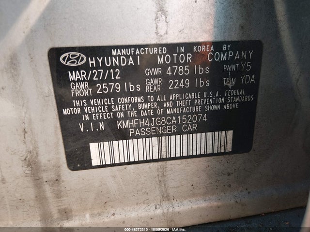 46272310 :رقم المزاد ، KMHFH4JG8CA152074 vin ، 2012 Hyundai Azera مزاد بيع