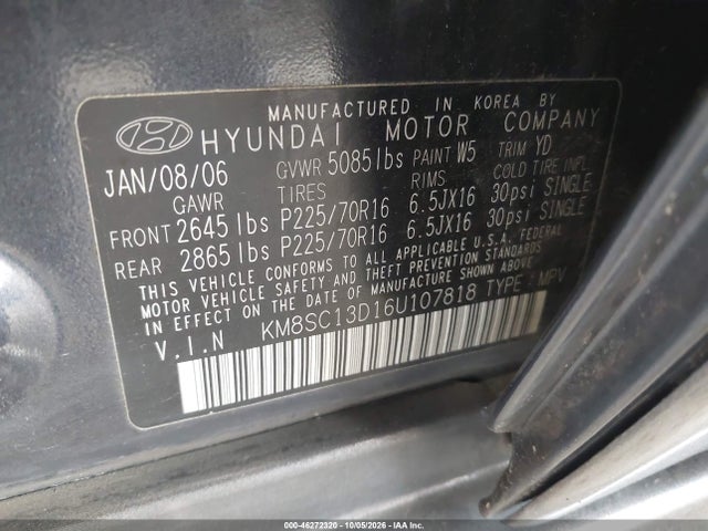 Продаж на аукціоні авто 2006 Hyundai Santa Fe Gls, vin: KM8SC13D16U107818, номер лоту: 46272320