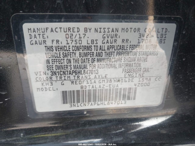 Aukcja sprzedaży 2017 Nissan Versa 1.6 S+, vin: 3N1CN7AP6HL847013, numer aukcji: 46272341