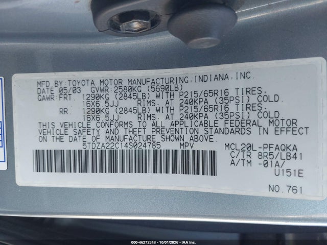46272348 :رقم المزاد ، 5TDZA22C14S024785 vin ، 2004 Toyota Sienna Xle مزاد بيع