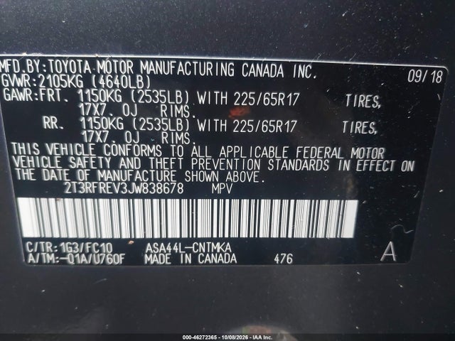 46272365 :رقم المزاد ، 2T3RFREV3JW838678 vin ، 2018 Toyota Rav4 Xle مزاد بيع