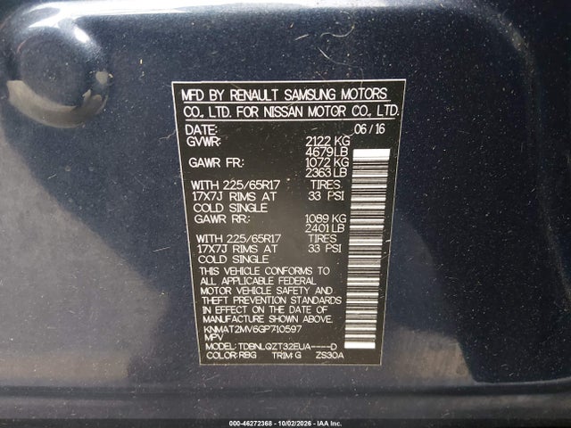 2016 Nissan Rogue S/sl/sv მანქანა იყიდება აუქციონზე, vin: KNMAT2MV6GP710597, აუქციონის ნომერი: 46272368