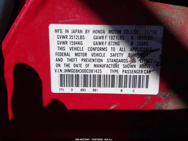 Продажа на аукционе авто 2013 Honda Fit, vin: JHMGE8H36DC081425, номер лота: 46272381