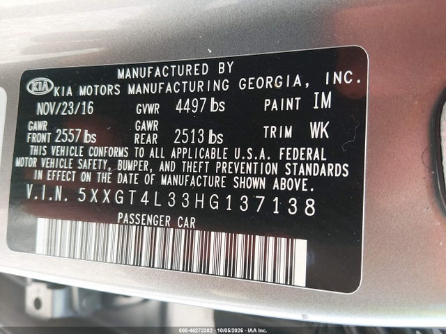 2017 Kia Optima Lx მანქანა იყიდება აუქციონზე, vin: 5XXGT4L33HG137138, აუქციონის ნომერი: 46272382
