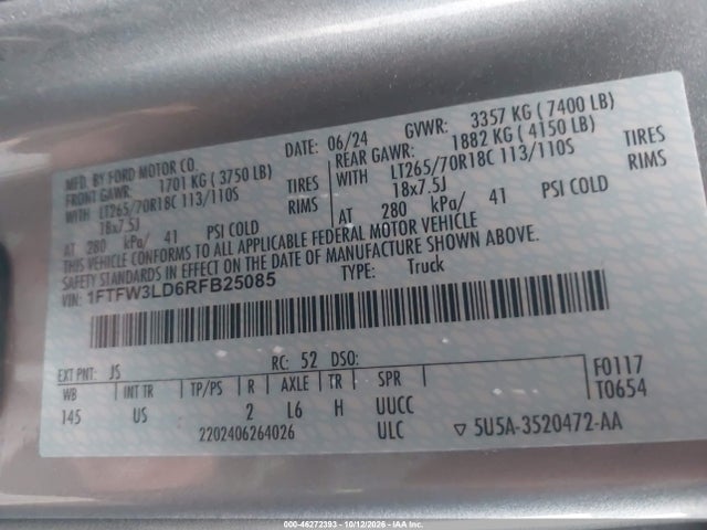 2024 Ford F-150 Xlt მანქანა იყიდება აუქციონზე, vin: 1FTFW3LD6RFB25085, აუქციონის ნომერი: 46272393