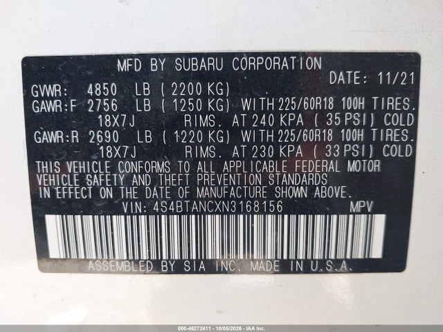 46272411 :رقم المزاد ، 4S4BTANCXN3168156 vin ، 2022 Subaru Outback Limited مزاد بيع