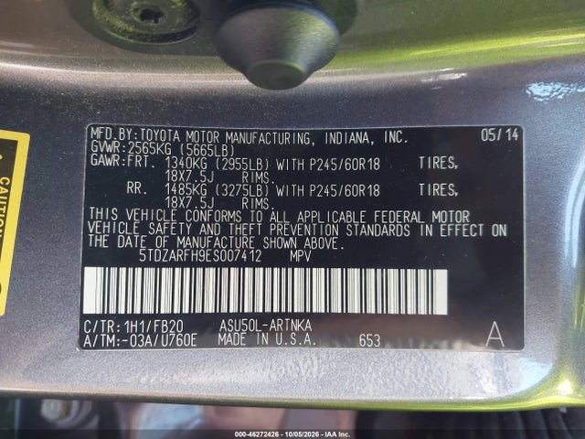 46272426 :رقم المزاد ، 5TDZARFH9ES007412 vin ، 2014 Toyota Highlander Le مزاد بيع