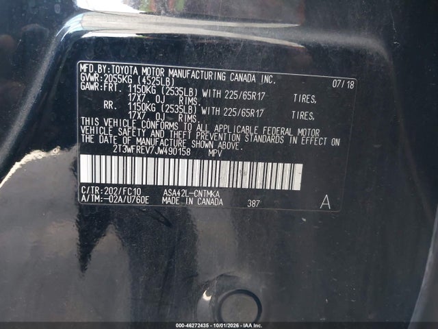 2T3WFREV7JW490158 Toyota Rav4 Xle