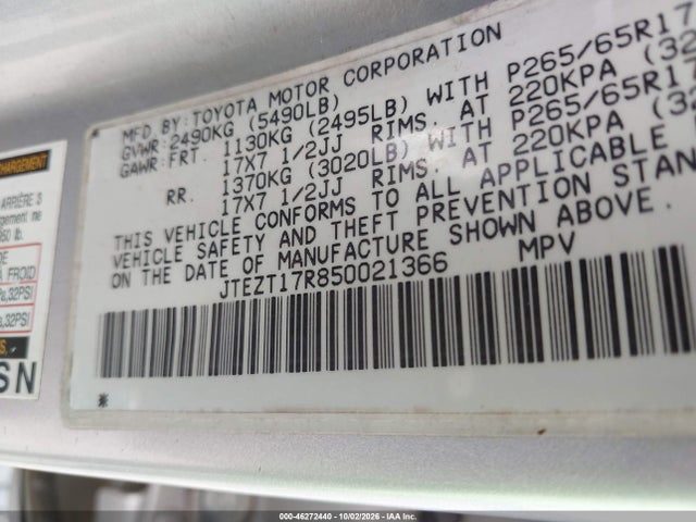 Auction sale of the 2005 Toyota 4runner Limited V8, vin: JTEZT17R850021366, lot number: 46272440